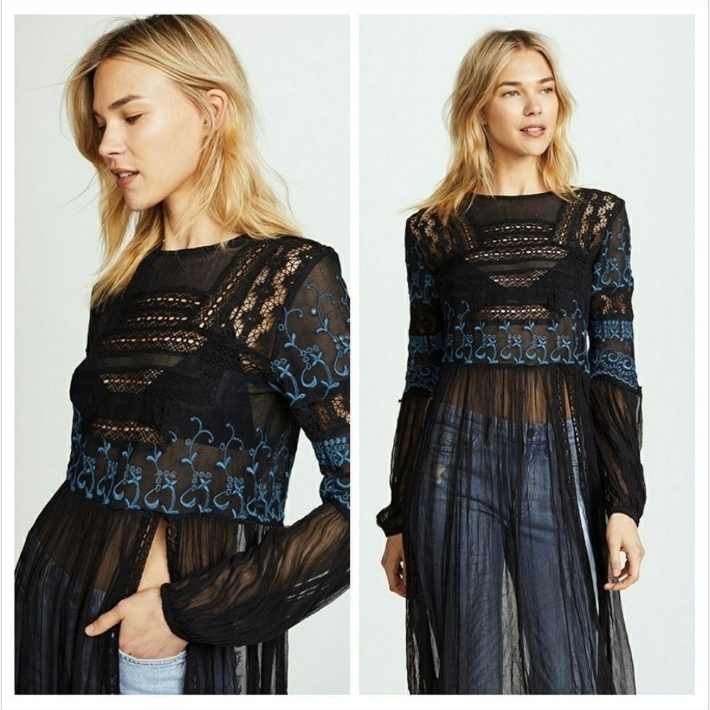 Free People Black Sheer Lace Tunic with Blue Embroidery